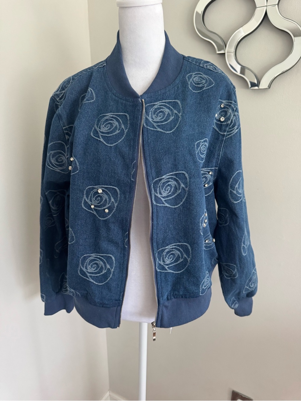 Alice Blue Denim-Look Floral Bomber Jacket in Blue